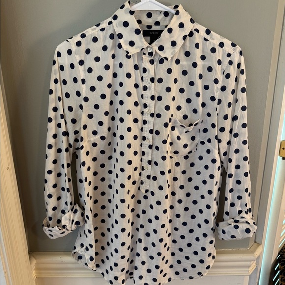 J. Crew White and Navy Polka Dot Button Down Shirt 4 - Picture 1 of 7